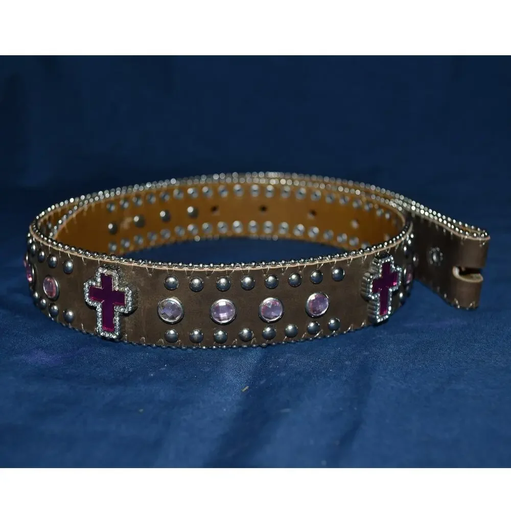 Nocona Girl's Leather Belt Rhinestones Cross Western Cowgirl Pink (20
